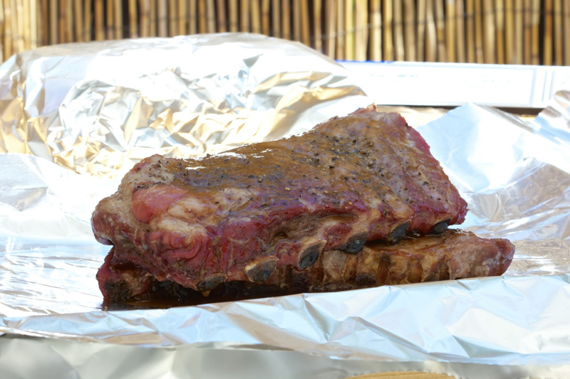 BBQ Ribs ready for the foil packet after 3 hours of cooking