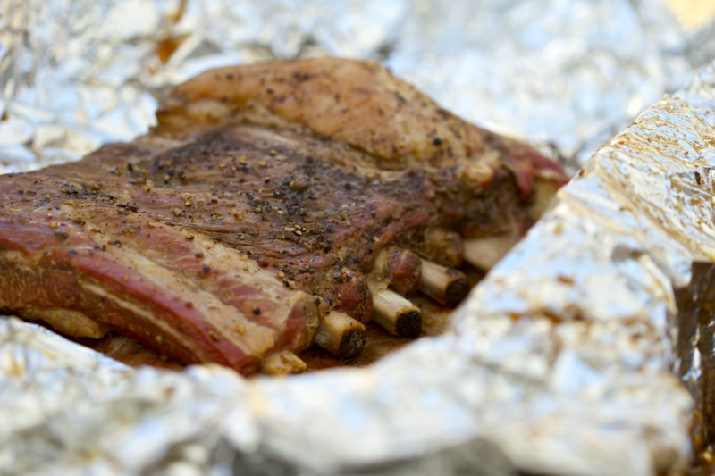 BBQ Rib meat pulled back from the bone ready for BBQ sauce