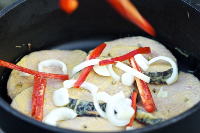 Onions and red bell pepper slices