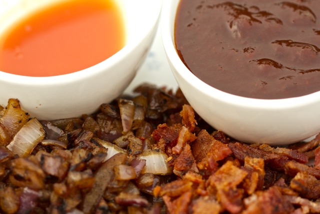 Tabasco sauce, bbq sauce, bacon and onions