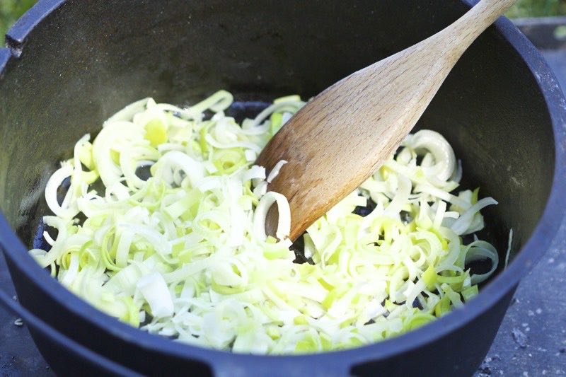 Saute leeks and garlic in butter | Cooking-Outdoors.com | Gary House