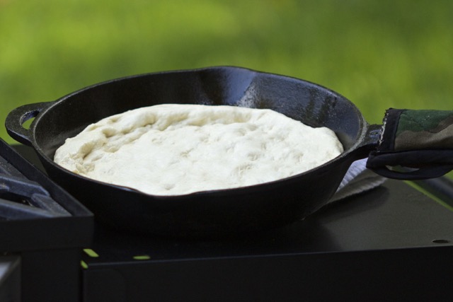 Pizza dough pressed into cast iron skillet | Cooking-Outdoors.com | Gary House 