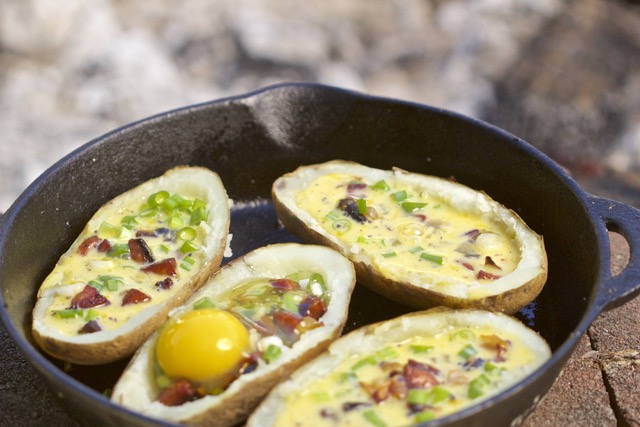 Filled breakfast potato boats in cast iron skillet | Cooking-Outdoors.com | Gary House